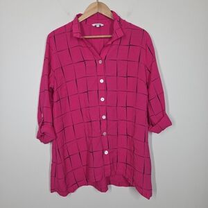 John Mark Fuschia Pink Grid Plaid Tunic Top Button Up Medium Artsy Lagenlook